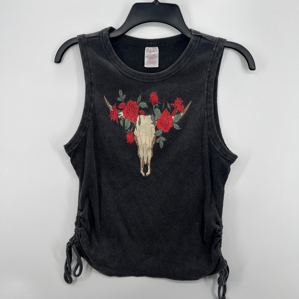 No Boundaries Skull Rose Tank Top Size L 11/13 Ribbed Drawstring Sides Y2K